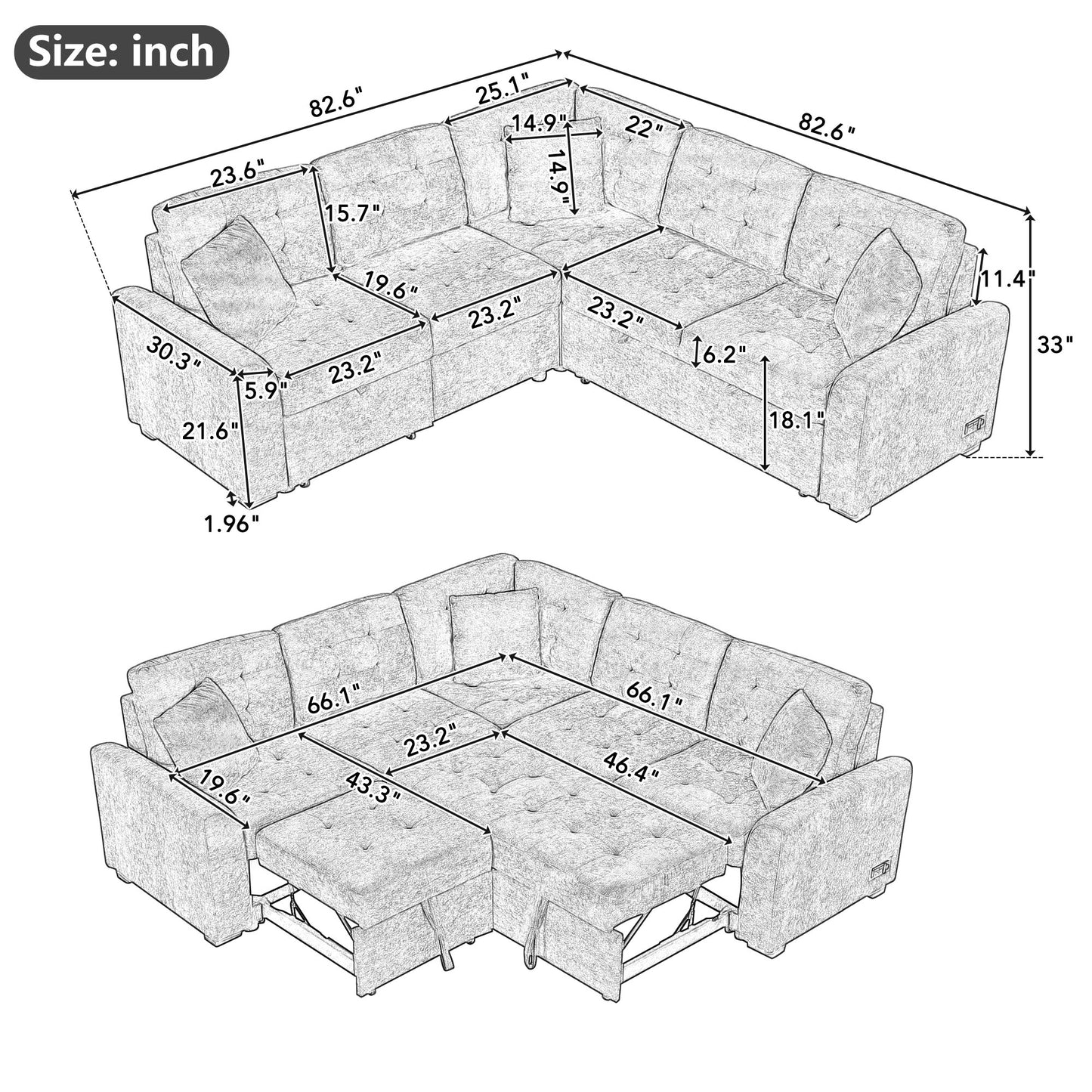 Vere L-Shape Sectional Sofa Bed w/USB Ports