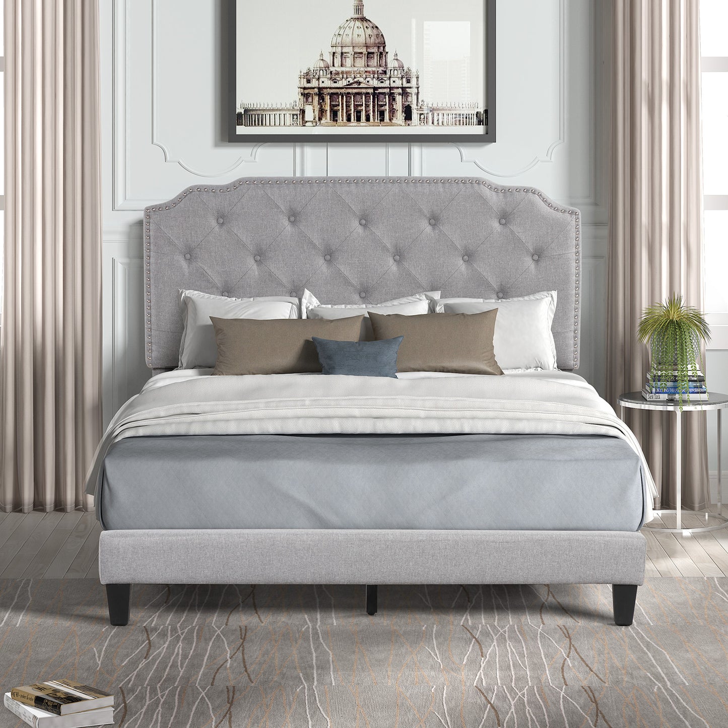 Light Grey Queen Upholstered Bed