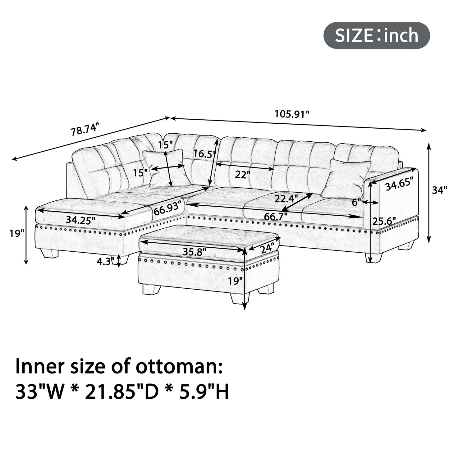 Oris Reversible L-shape Sectional w/Storage Ottoman
