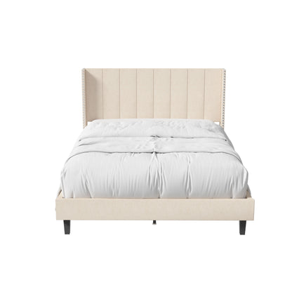 Beige Wingback Upholstered Queen Bed