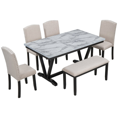 6PC Marbled Top Dining Set w/Bench