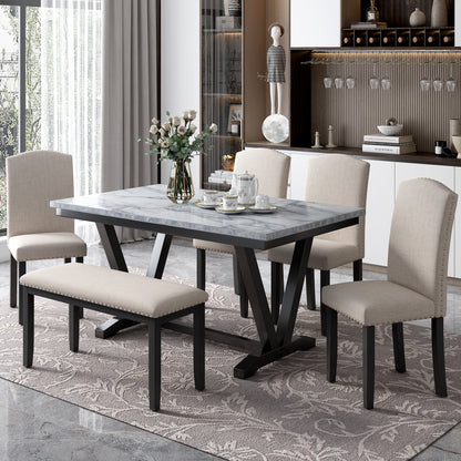6PC Marbled Top Dining Set w/Bench
