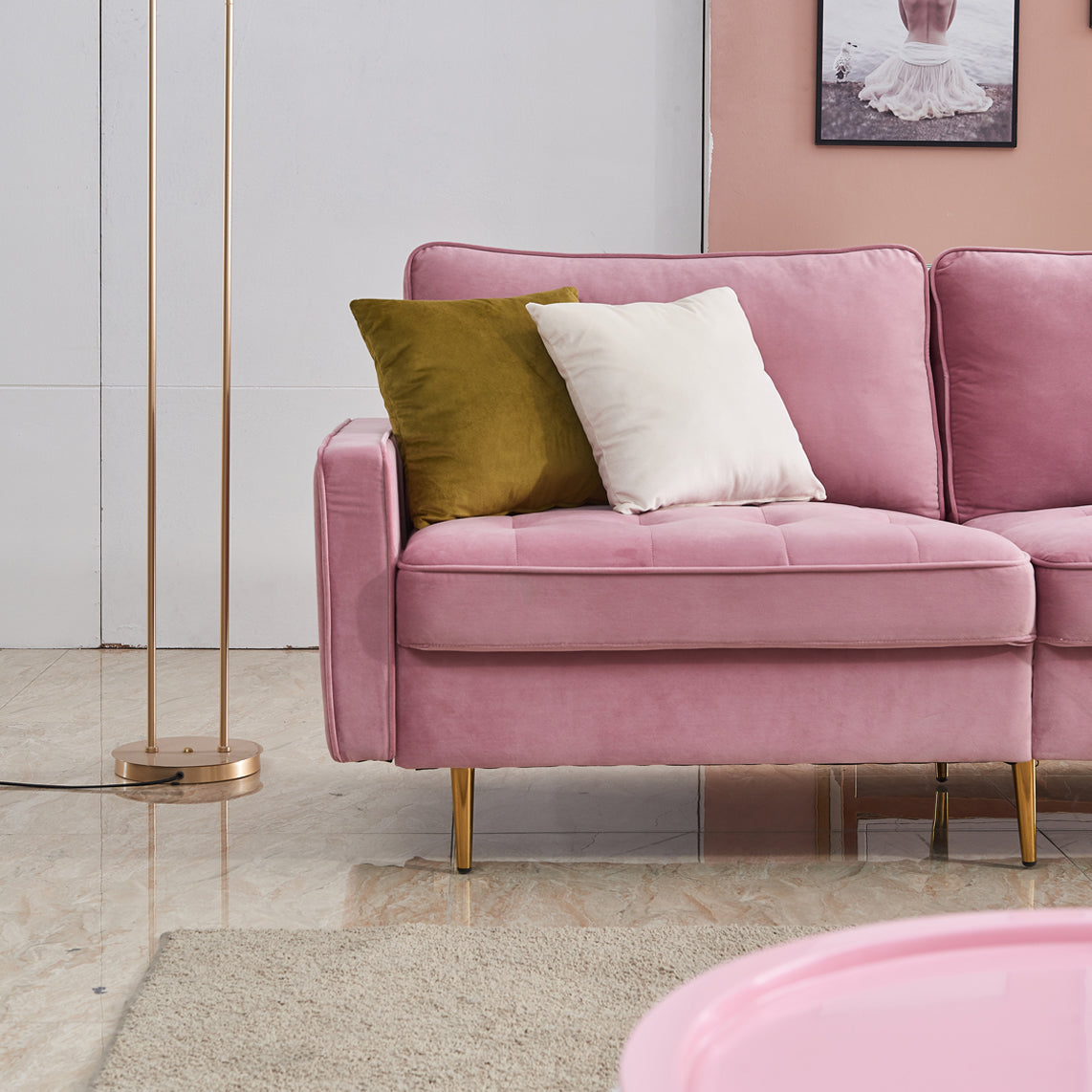 Esmay Velvet Sofa w/Pillows Pink