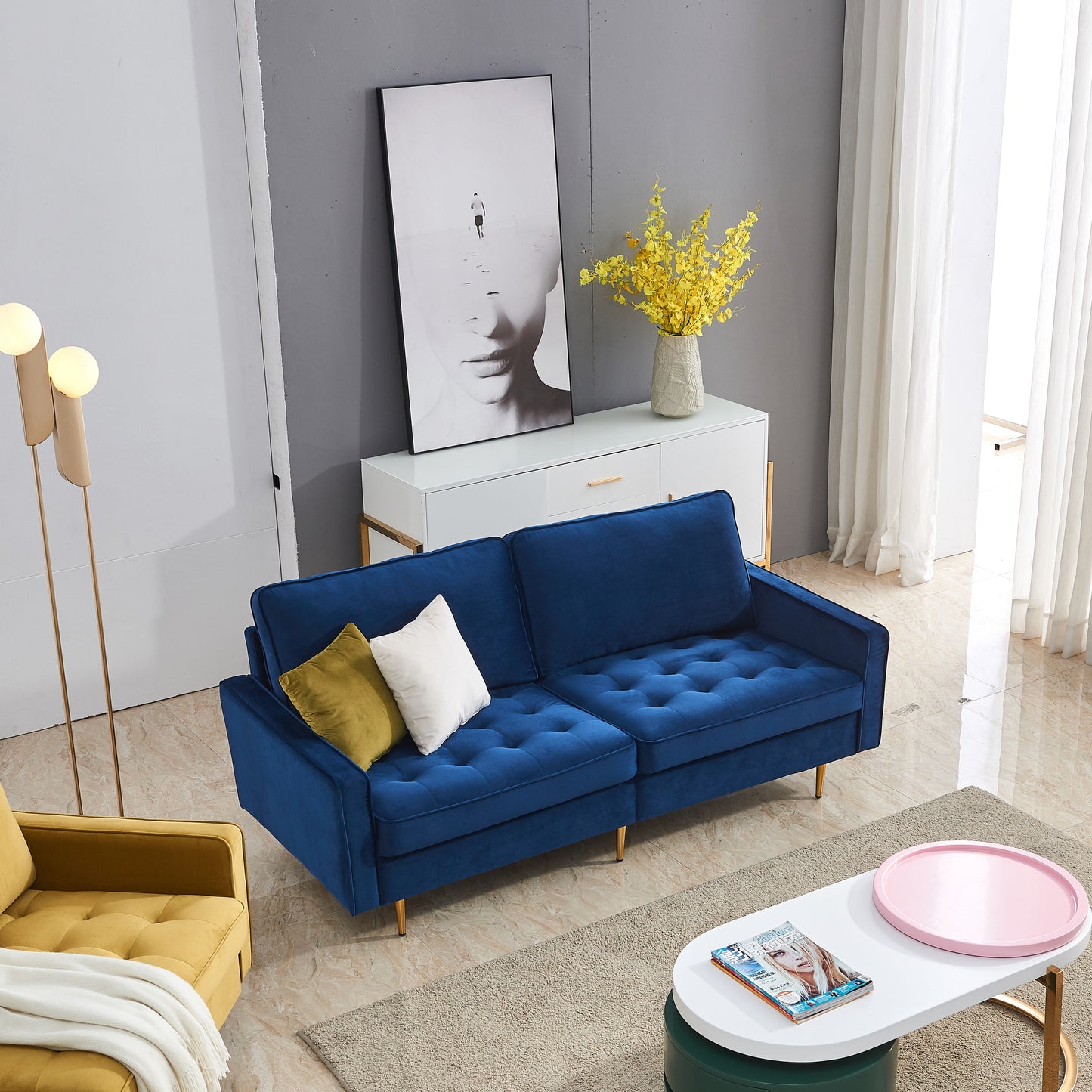 Esmay Velvet Sofa w/Pillows Blue