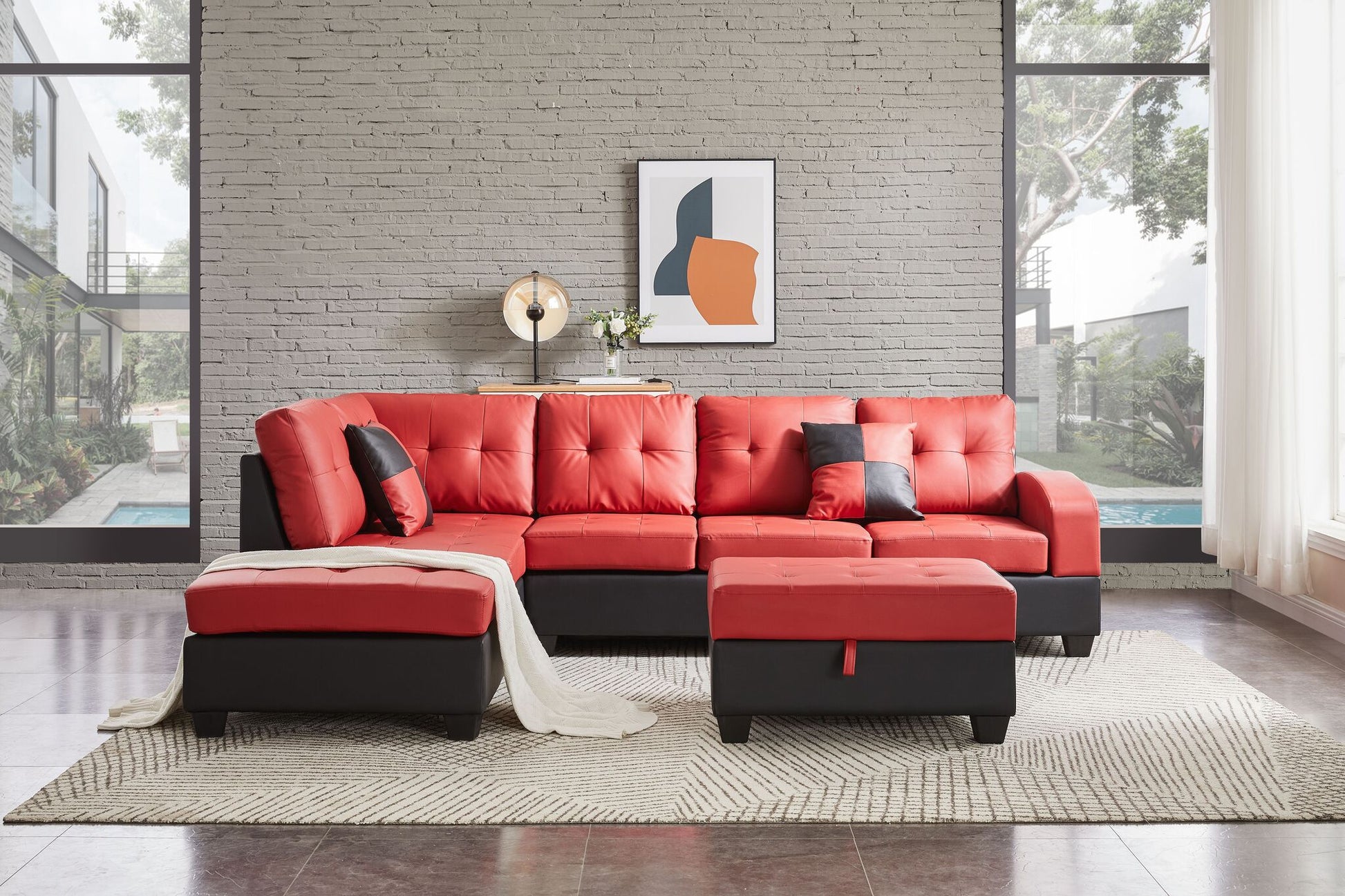 Reversible Sectional w/Storage Ottoman Red