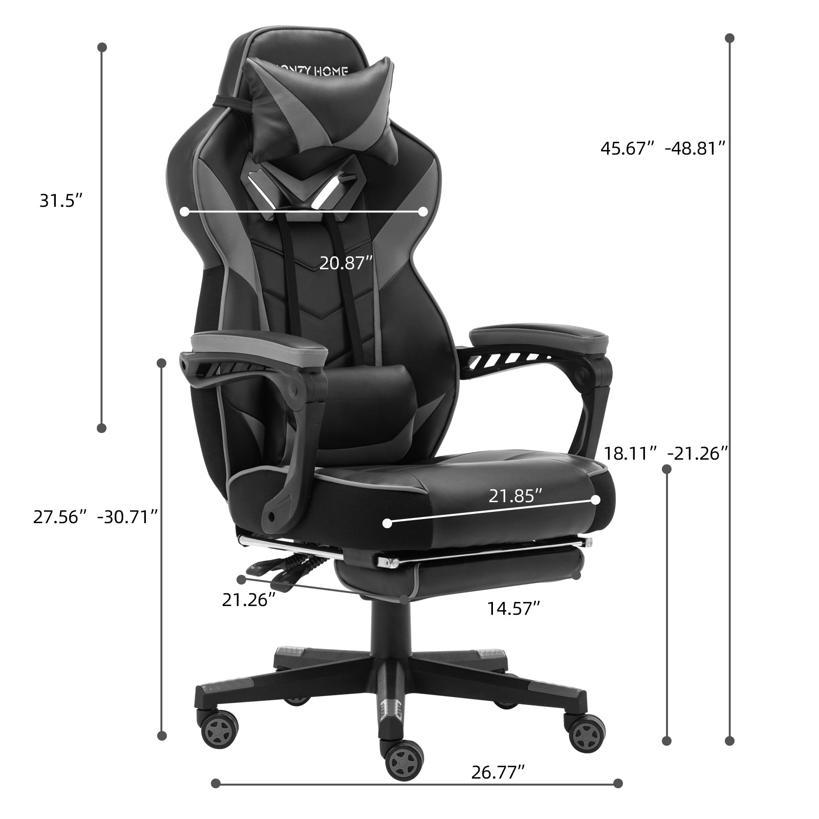 Ergonomic Gaming Chair w/Footrest Grey