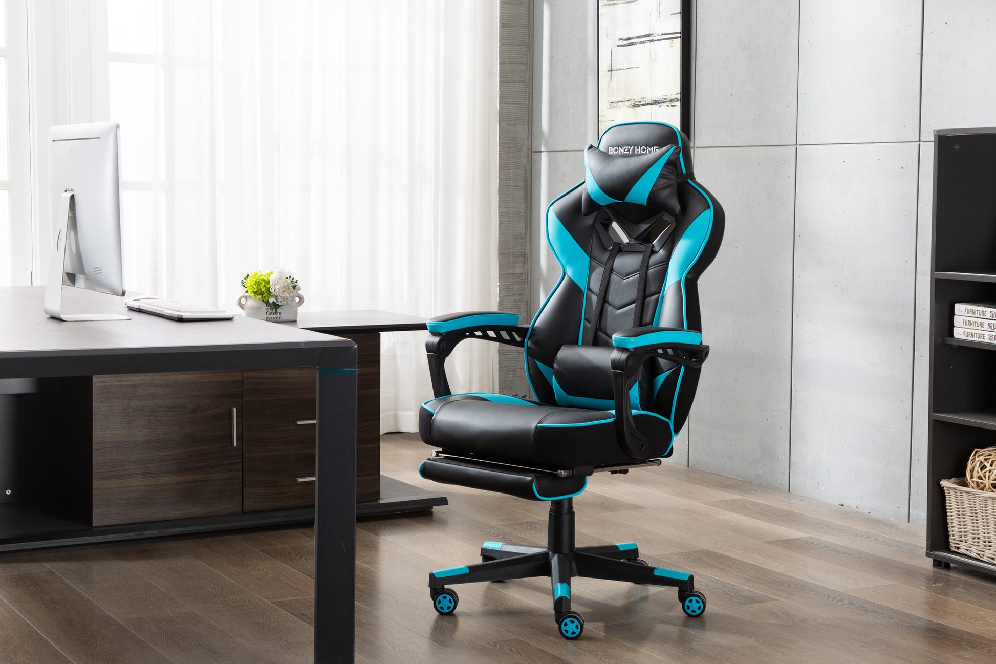 Ergonomic Gaming Chair w/Footrest Teal