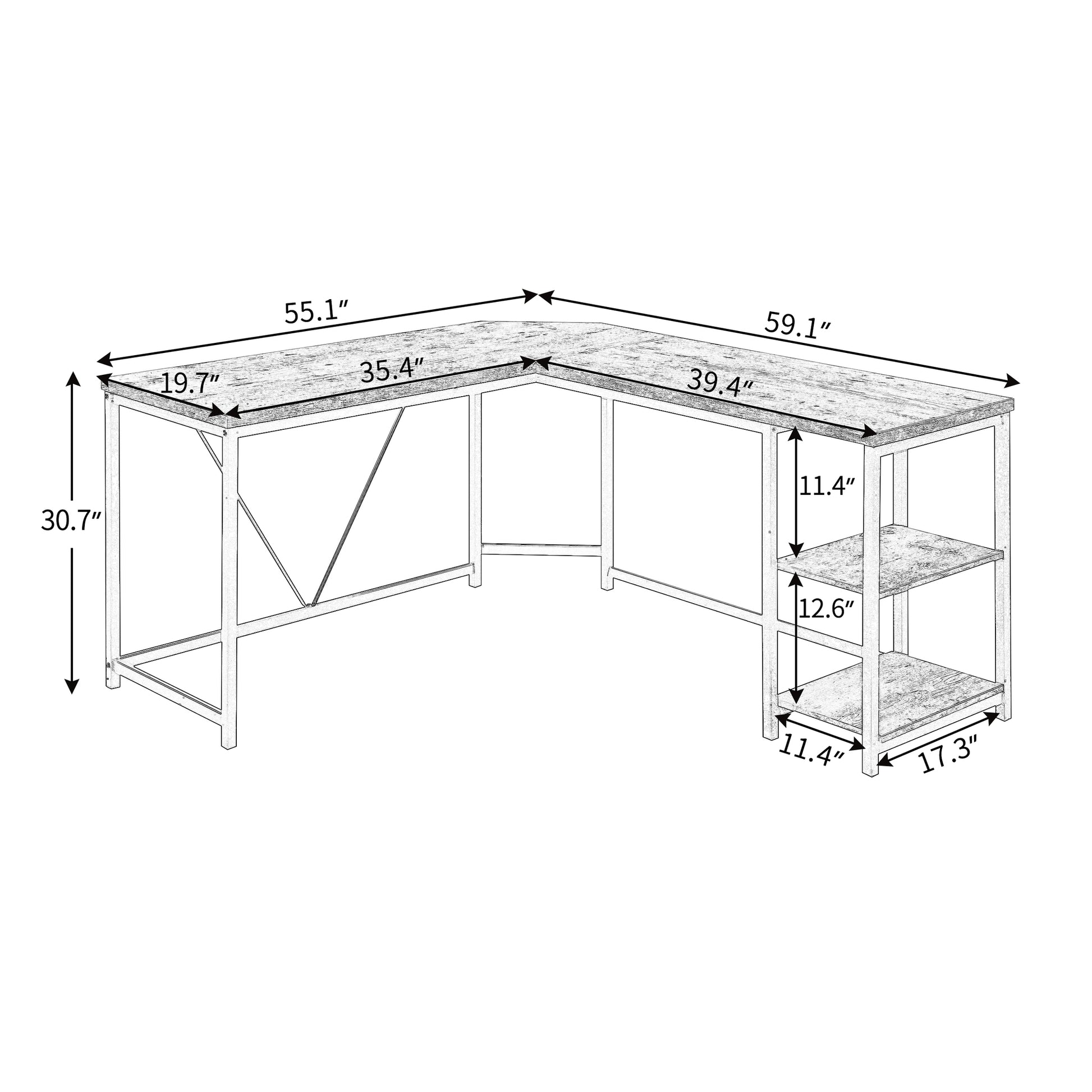 L-Shaped Desk w/ 2-Tier Storage Shelves Brown