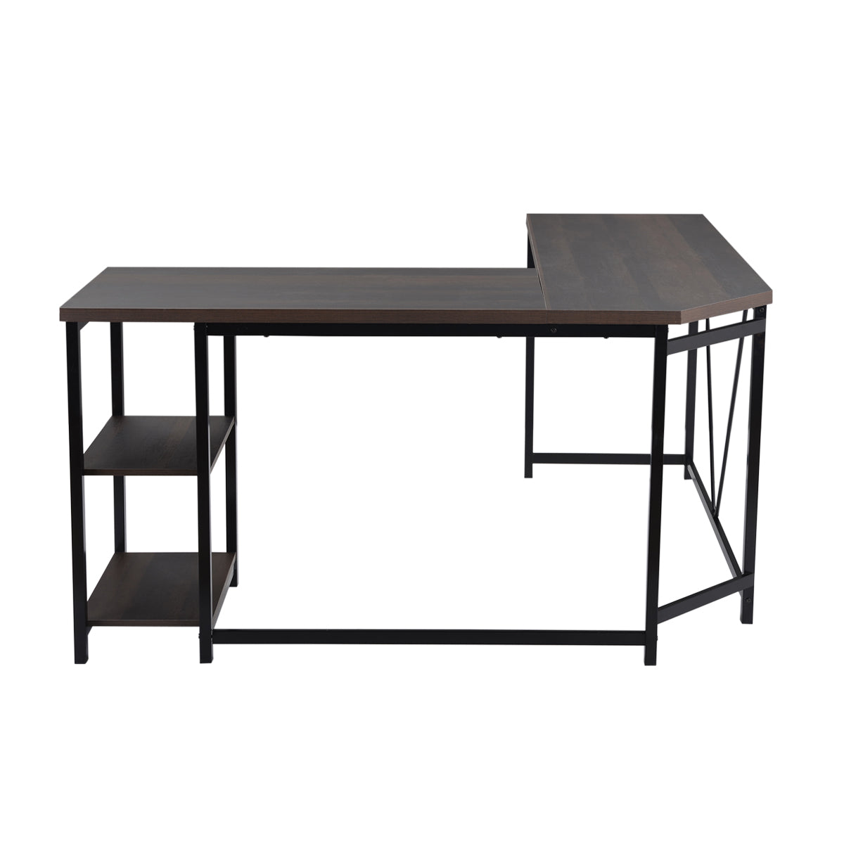 L-Shaped Desk w/ 2-Tier Storage Shelves Brown