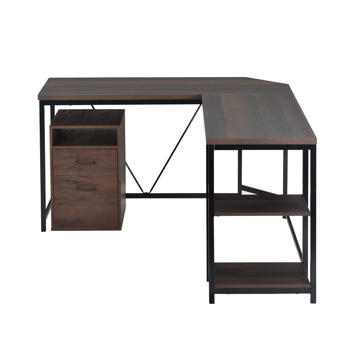 L-Shaped Desk w/ 2-Tier Storage Shelves Walnut