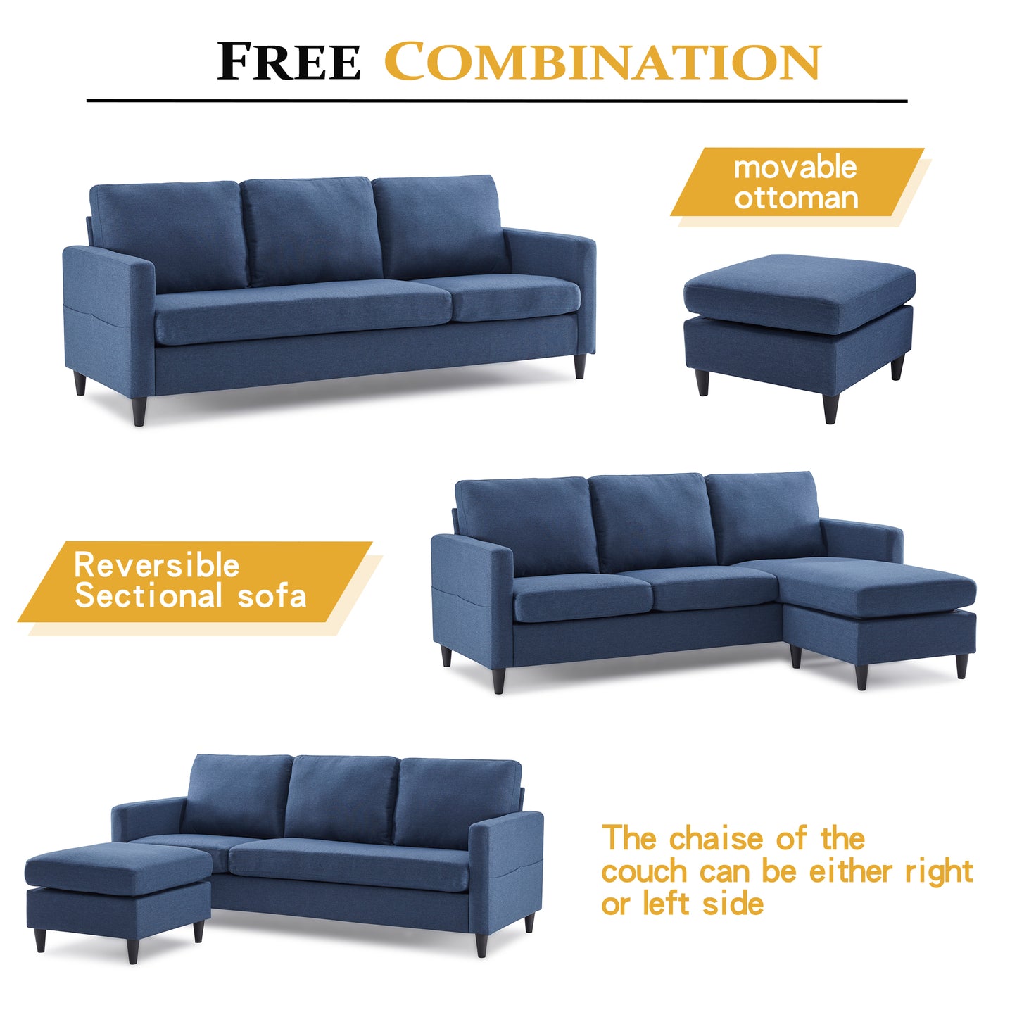Reversible L-Shaped Sectional w/Pocket Blue
