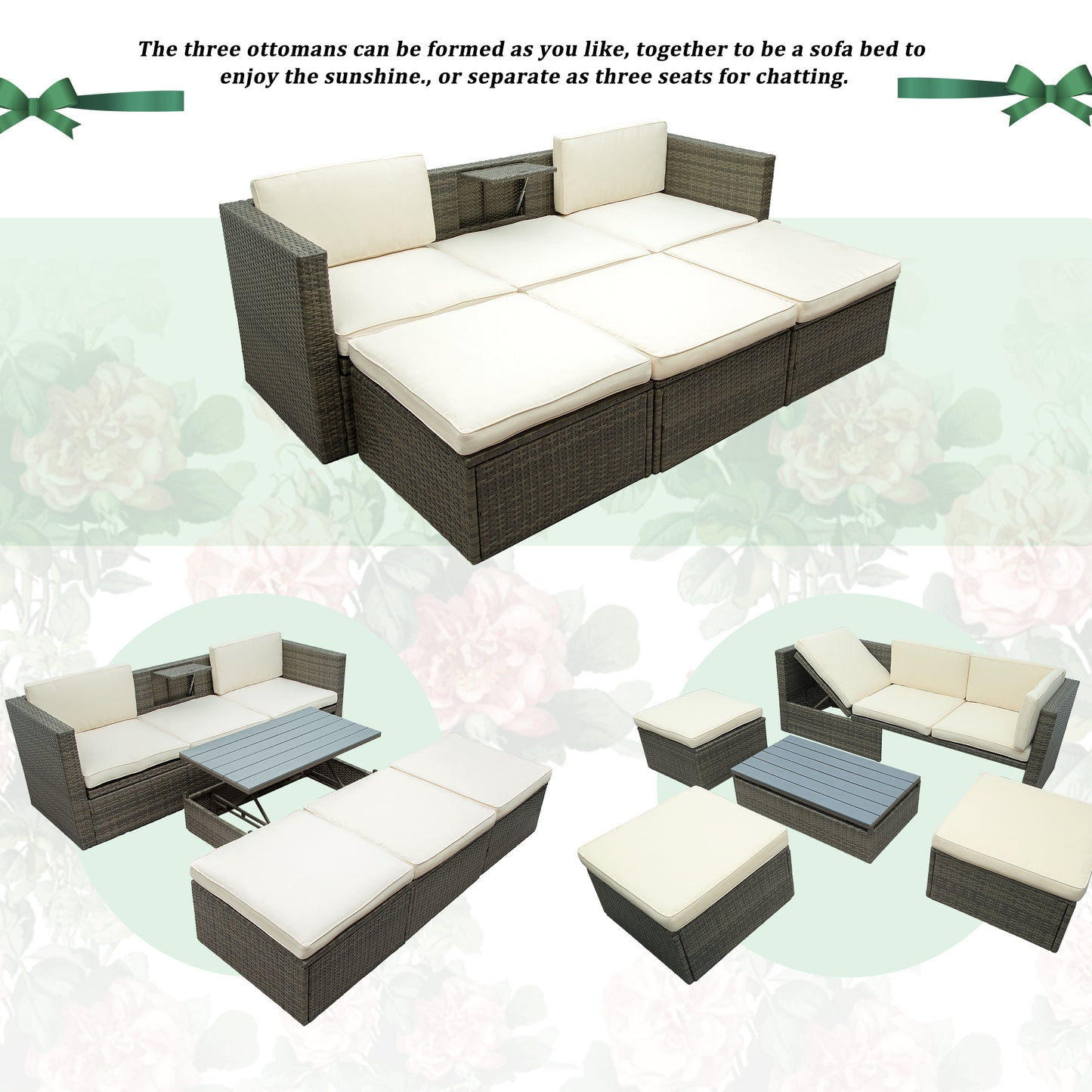 5PC Outdoor Sofa set w/Lift-top Coffee Table Beige