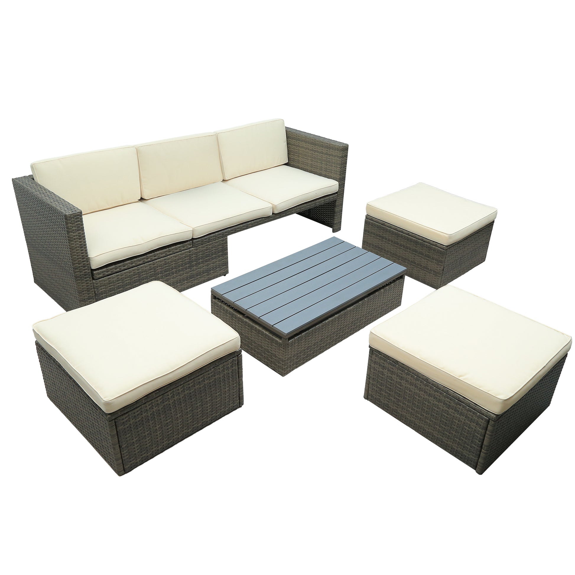 5PC Outdoor Sofa set w/Lift-top Coffee Table Beige