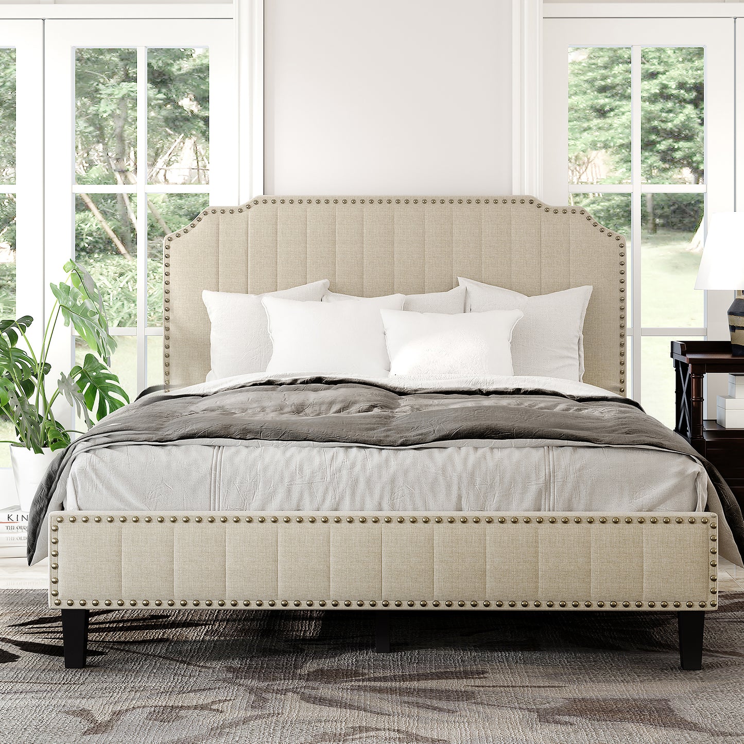 Cream Upholstered Platform Bed